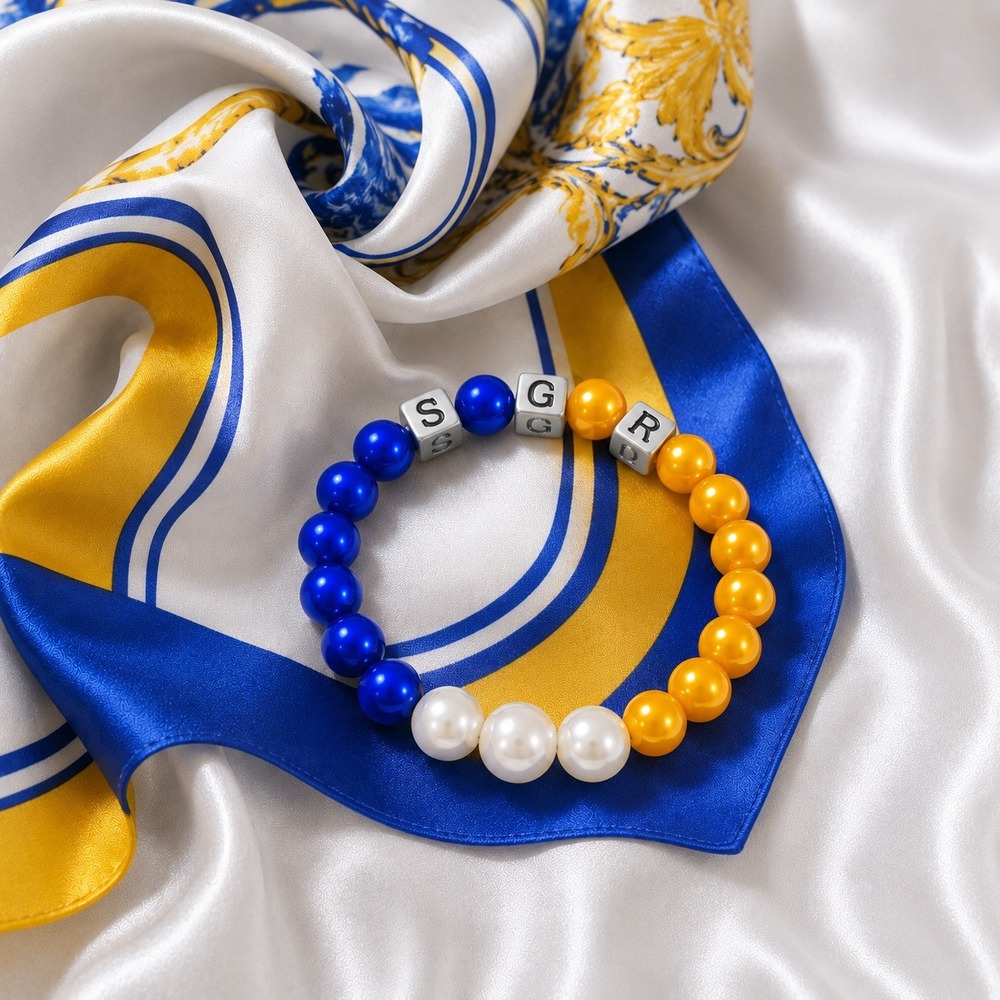 Sigma Gamma Rho SGR Sorority Beaded Bracelet Royal Blue Gold Pearl Stretch
